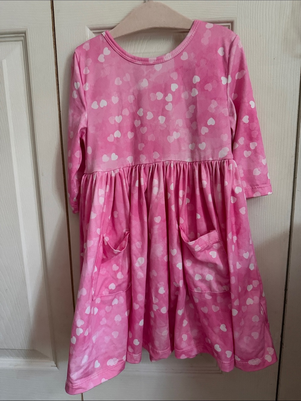 Girls' Pink Heart-Print Long Sleeve Casual Dress